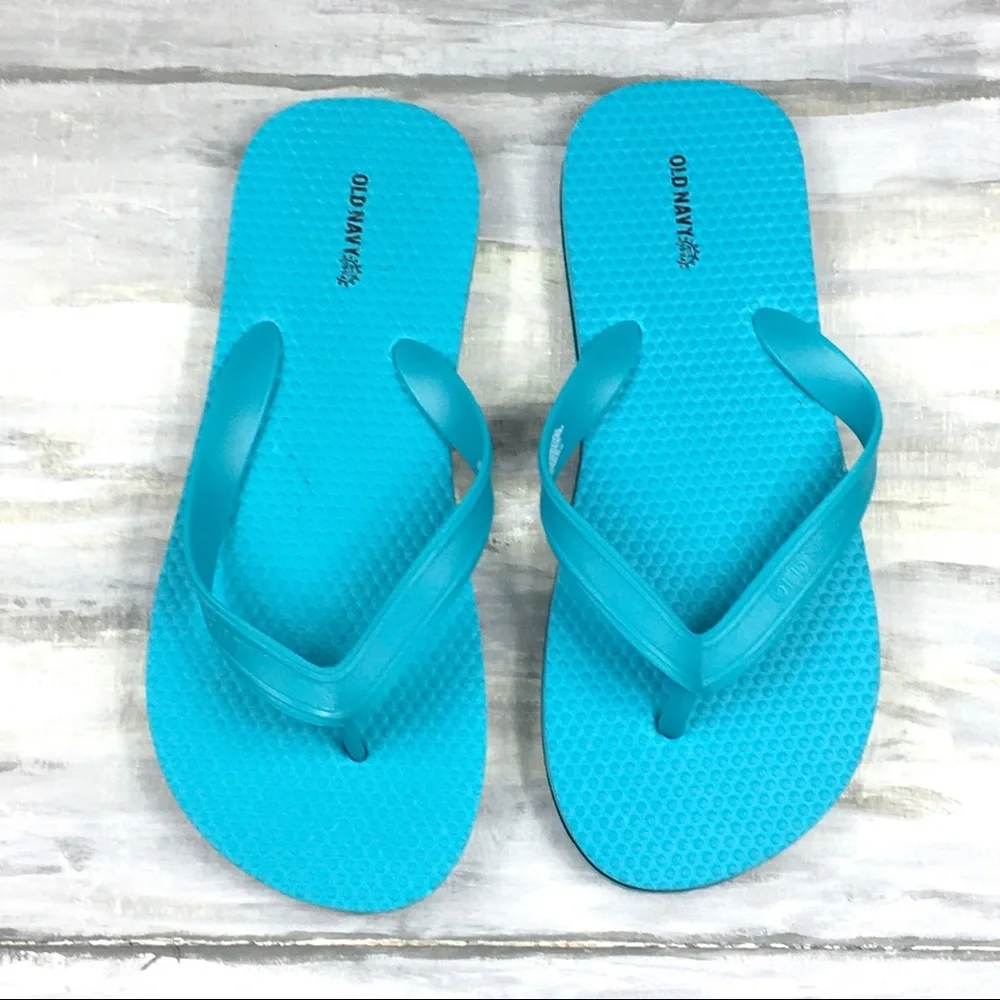 MWOT Old Navy Flip Flops Textured Vinyl Thong Sandals Aqua Teal Blue Black 3/4 Y
